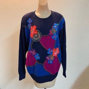 Vintage wool beaded sweater lg/xl Diane Freis navy
